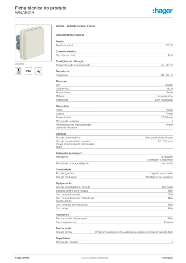 Imagem Hager Ficha técnica do produto WNA160B | Hager Portugal