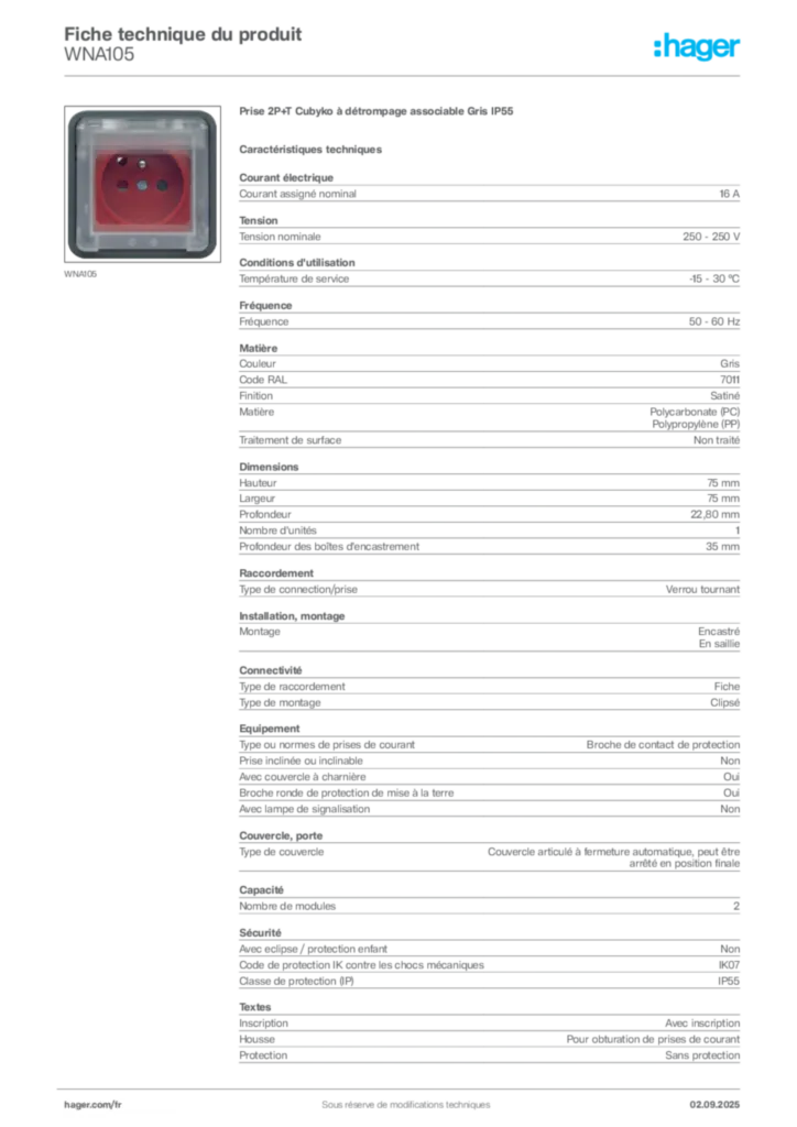 Image Hager Fiche technique du produit WNA105 | Hager France