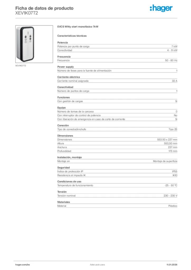 Imagen Hager Ficha de datos de producto XEV1K07T2 | Hager España