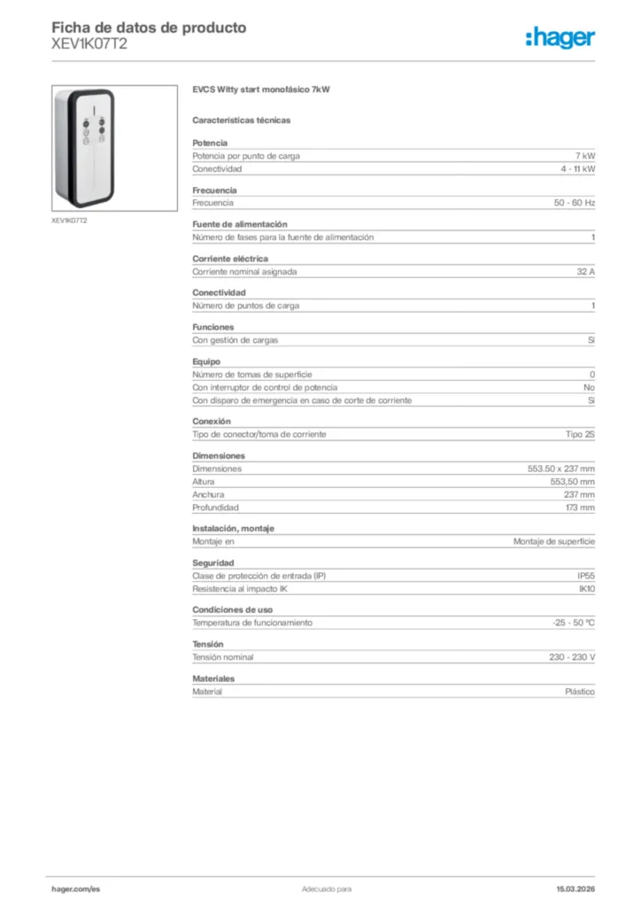 Imagen Hager Ficha de datos de producto XEV1K07T2 | Hager España