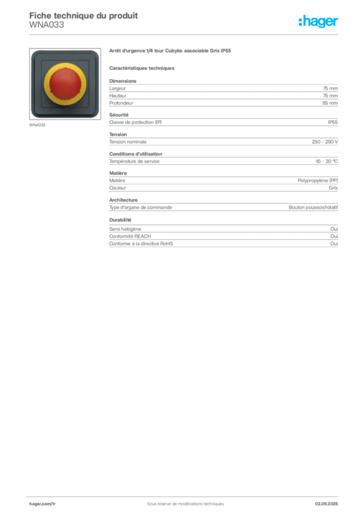 Image Hager Fiche technique du produit WNA033 | Hager France