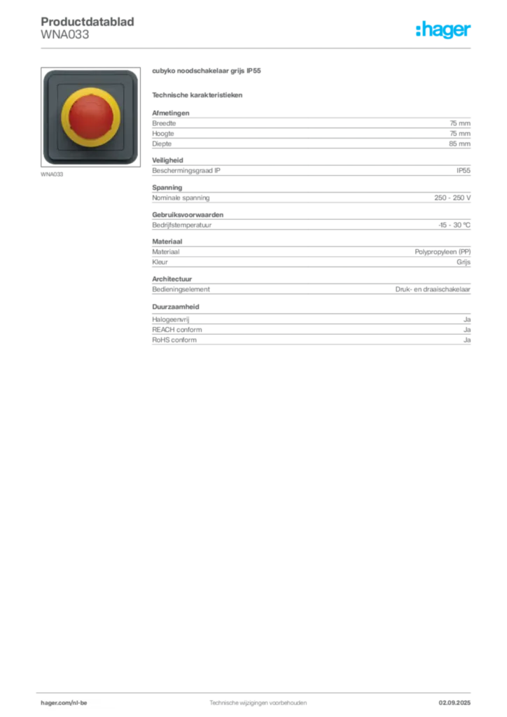 Afbeelding Hager Productdatablad WNA033 | Hager Belgium