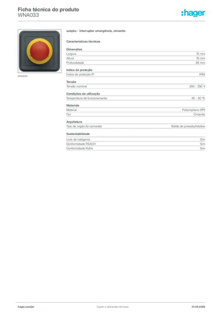 Imagem Hager Ficha técnica do produto WNA033 | Hager Portugal