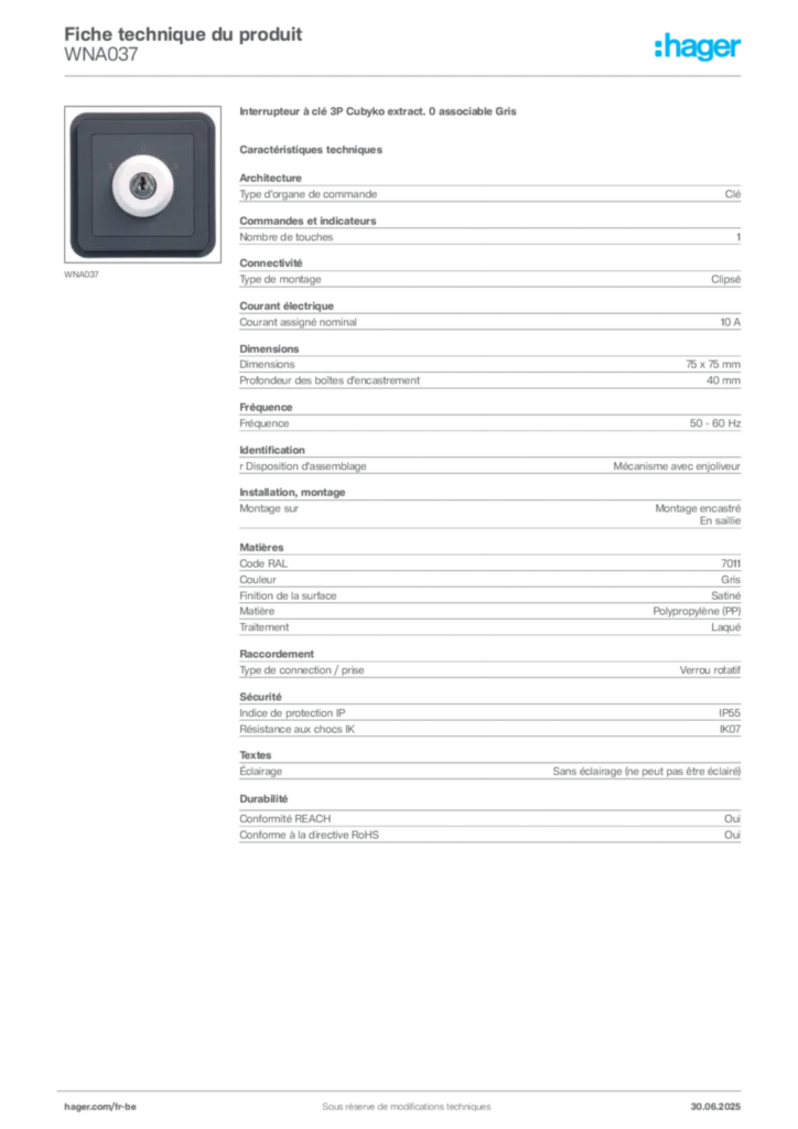 Image Hager Fiche technique du produit WNA037 | Hager Belgique