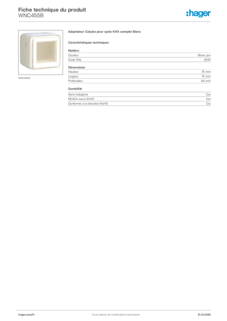 Image Hager Fiche technique du produit WNC455B | Hager France