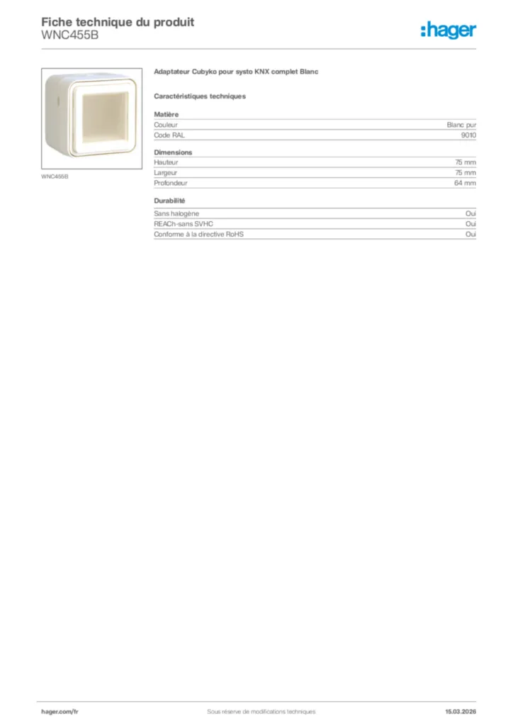 Image Hager Fiche technique du produit WNC455B | Hager France