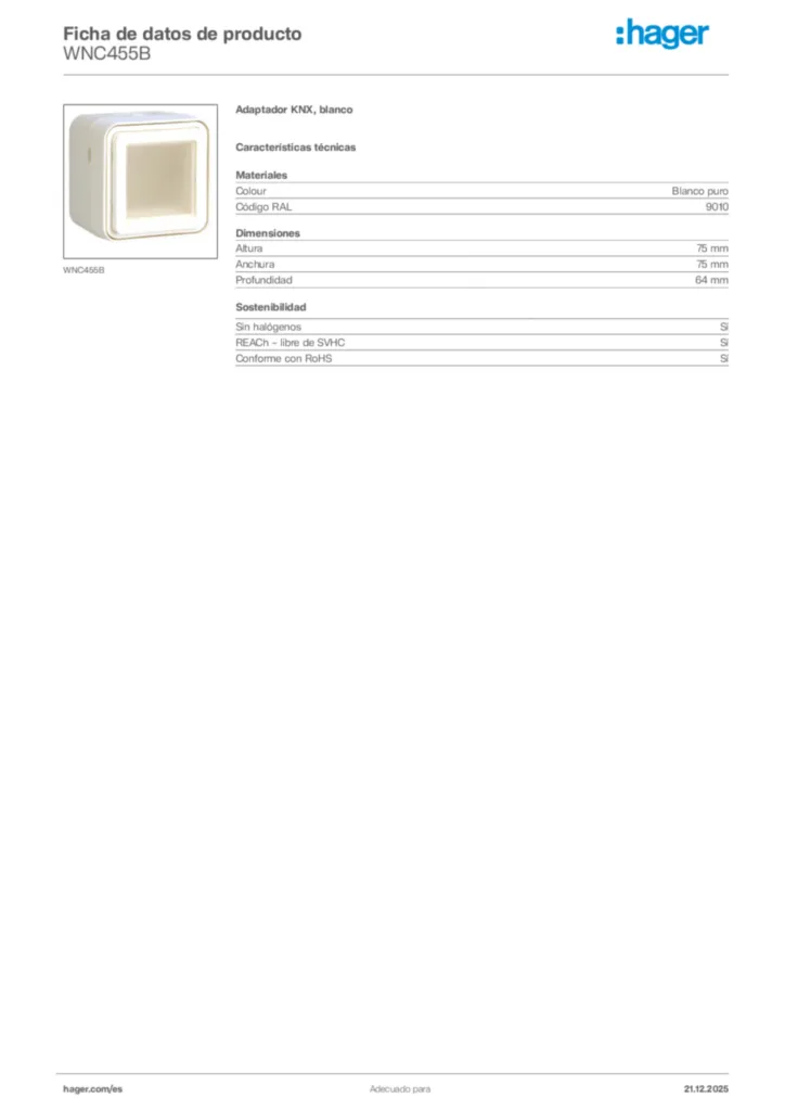 Imagen Hager Ficha de datos de producto WNC455B | Hager España