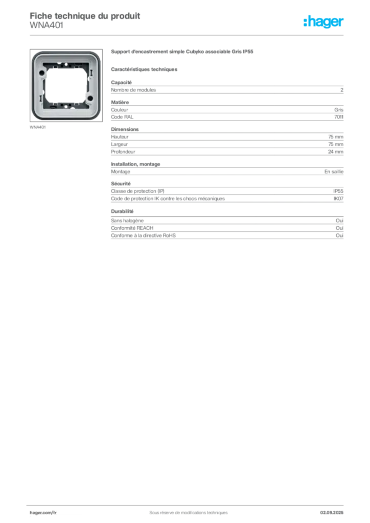 Image Hager Fiche technique du produit WNA401 | Hager France