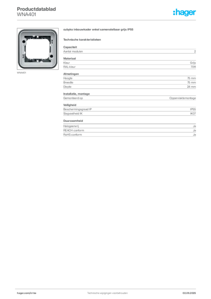 Afbeelding Hager Productdatablad WNA401 | Hager Belgium