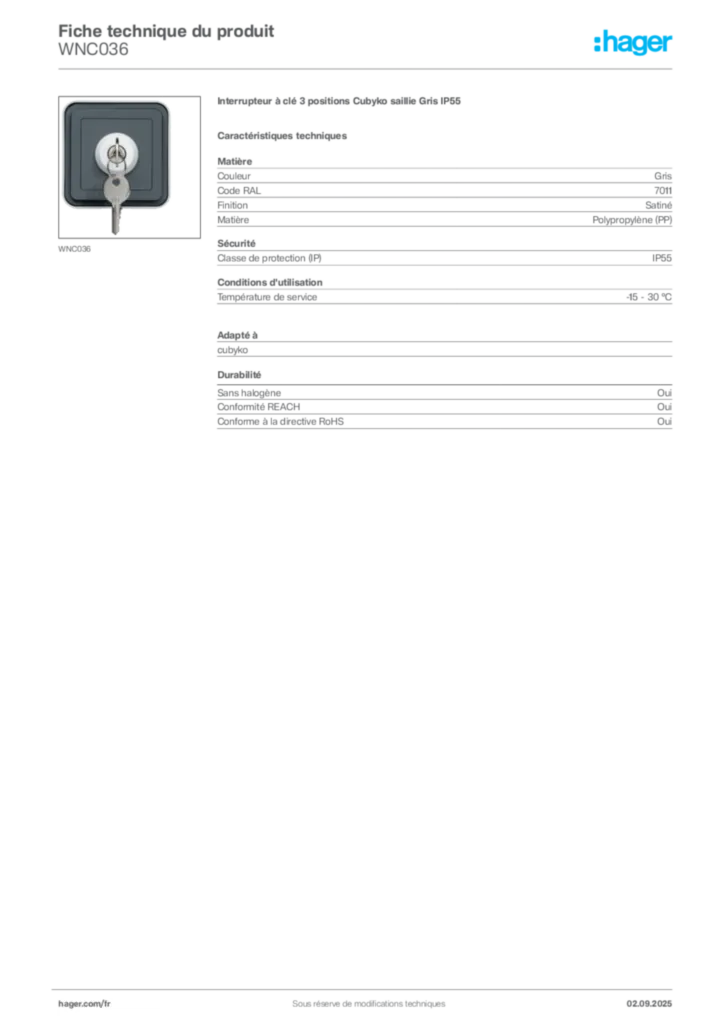 Image Hager Fiche technique du produit WNC036 | Hager France