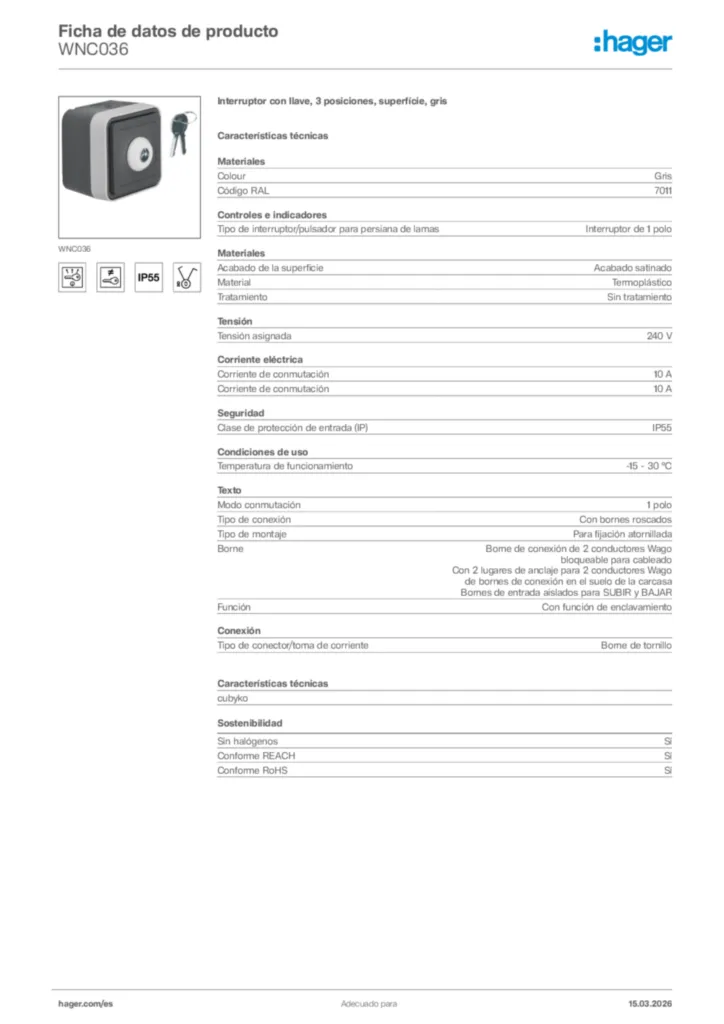 Imagen Hager Ficha de datos de producto WNC036 | Hager España