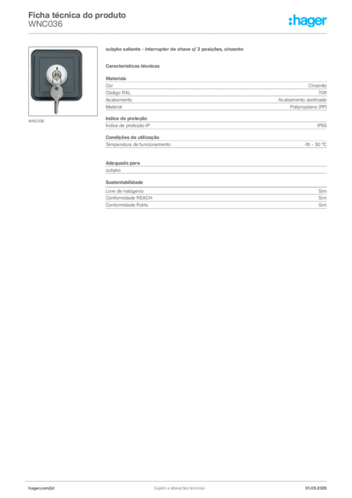 Imagem Hager Ficha técnica do produto WNC036 | Hager Portugal