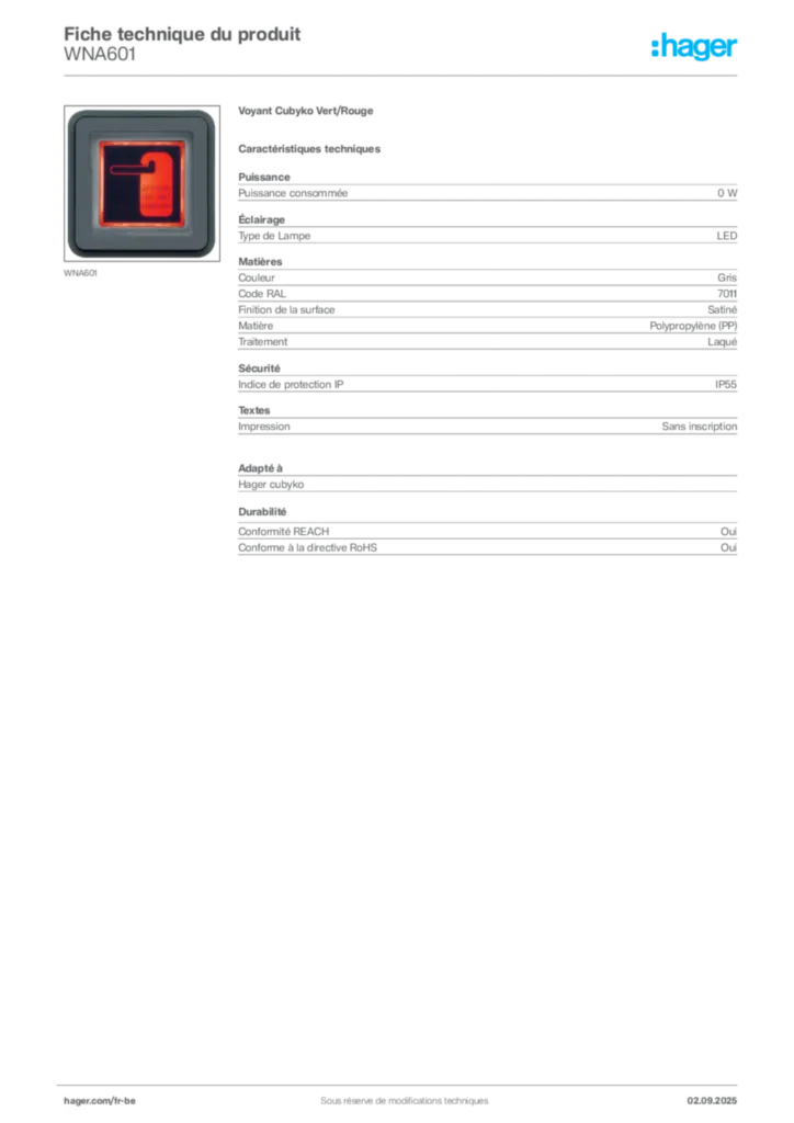 Image Hager Fiche technique du produit WNA601 | Hager Belgique