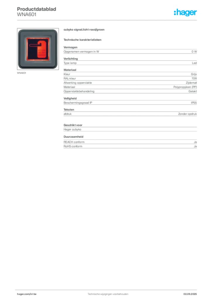 Afbeelding Hager Productdatablad WNA601 | Hager Belgium