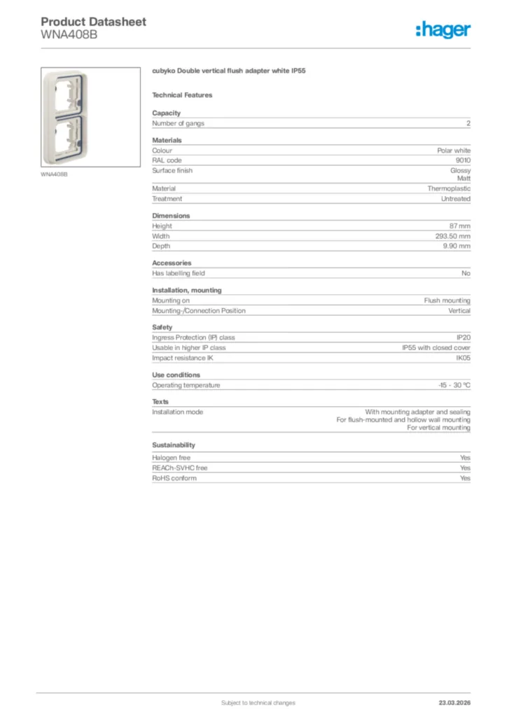 Image Hager Product data sheet WNA408B  | Hager Africa