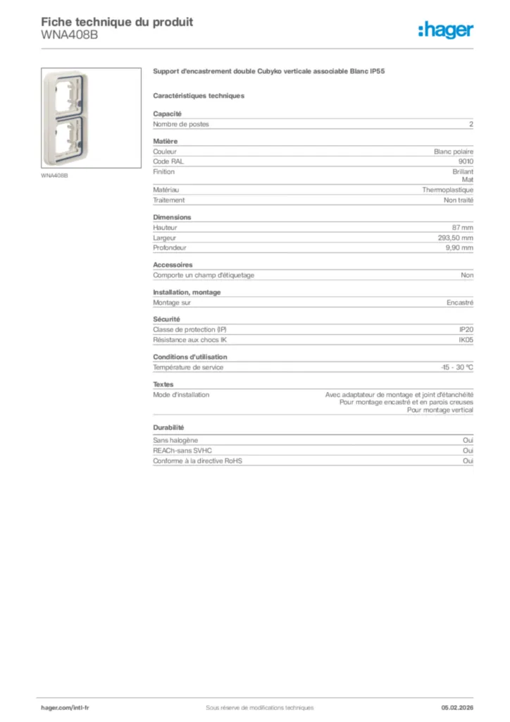 Image Hager Fiche technique du produit WNA408B | Hager Afrique