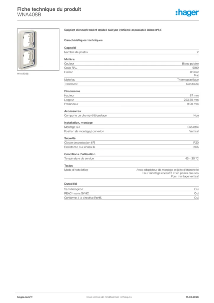 Image Hager Fiche technique du produit WNA408B | Hager France