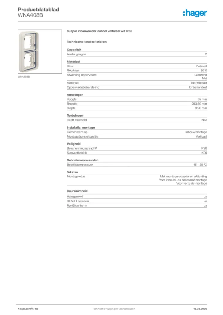 Afbeelding Hager Productdatablad WNA408B | Hager Belgium