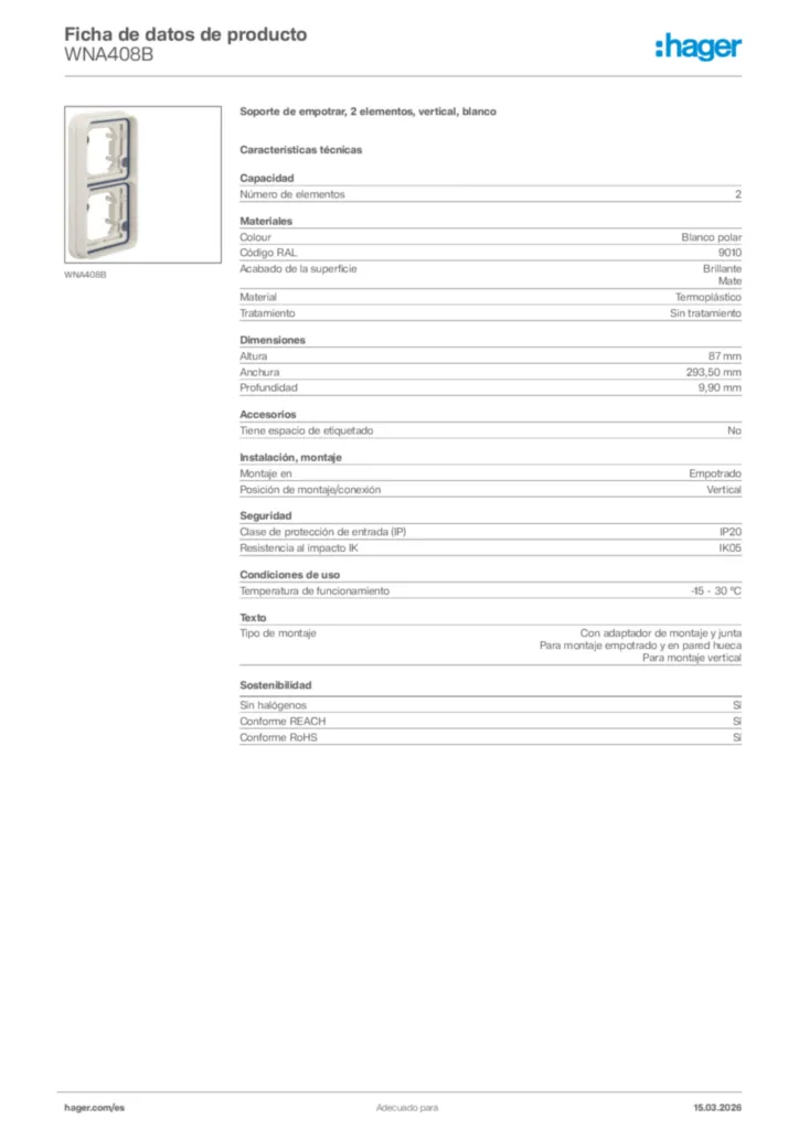 Imagen Hager Ficha de datos de producto WNA408B | Hager España