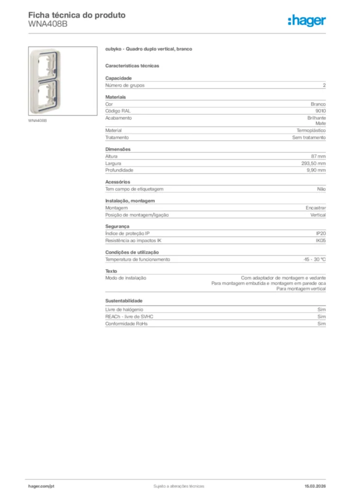 Imagem Hager Ficha técnica do produto WNA408B | Hager Portugal