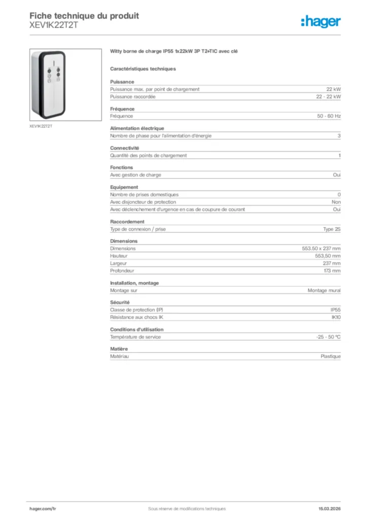 Image Hager Fiche technique du produit XEV1K22T2T | Hager France