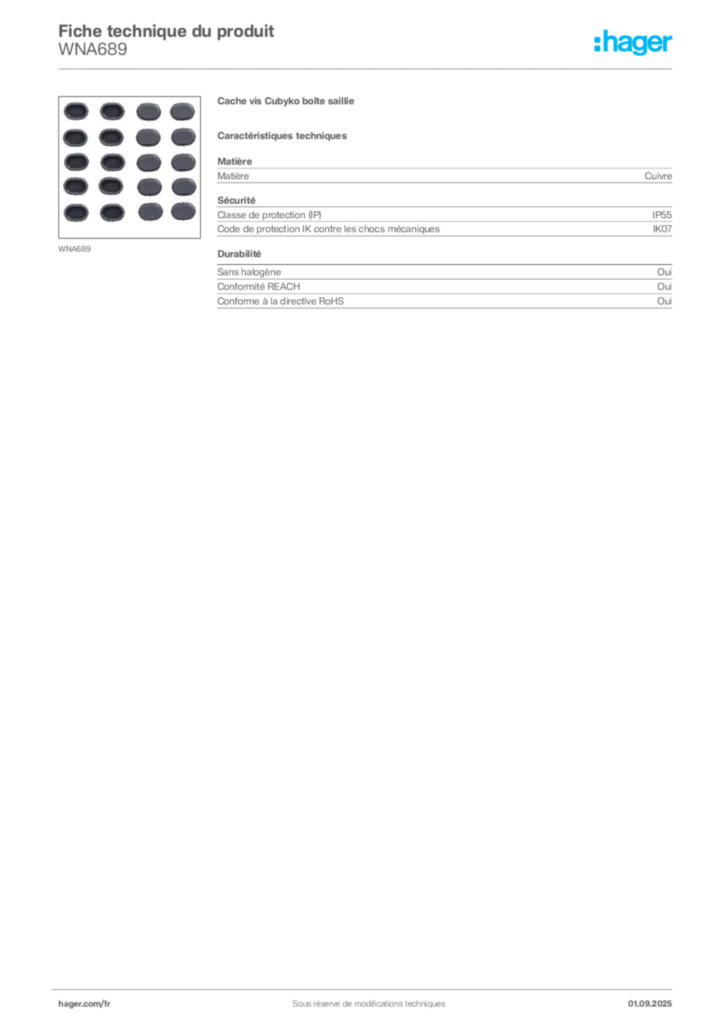 Image Hager Fiche technique du produit WNA689 | Hager France