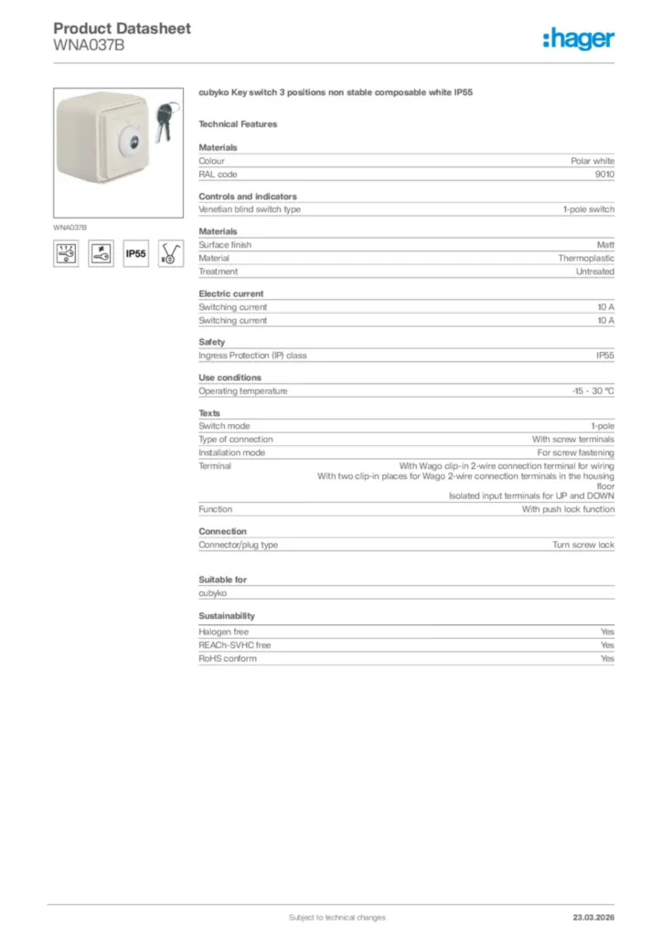 Image Hager Product data sheet WNA037B  | Hager Africa