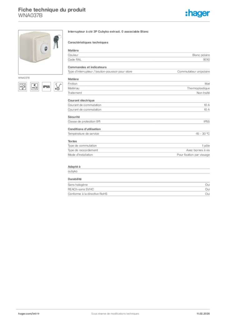 Image Hager Fiche technique du produit WNA037B | Hager Afrique