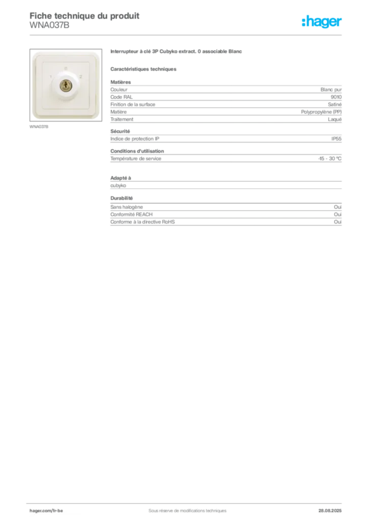 Image Hager Fiche technique du produit WNA037B | Hager Belgique