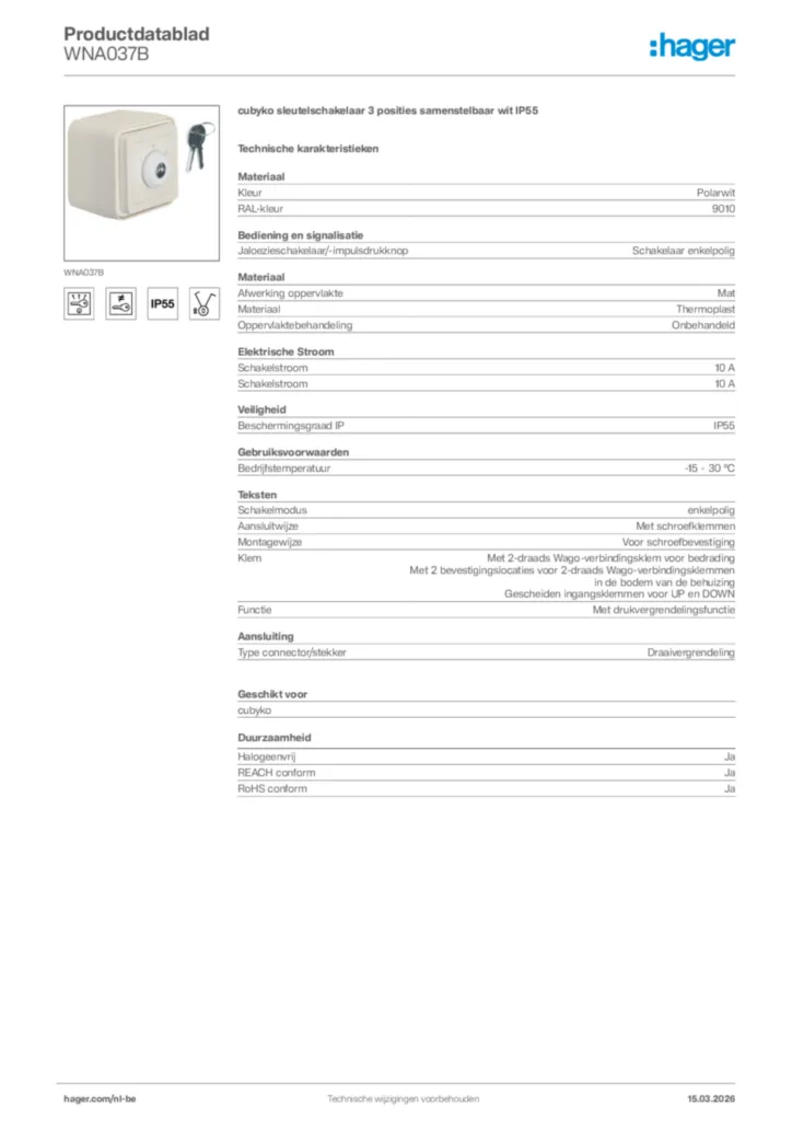 Afbeelding Hager Productdatablad WNA037B | Hager Belgium