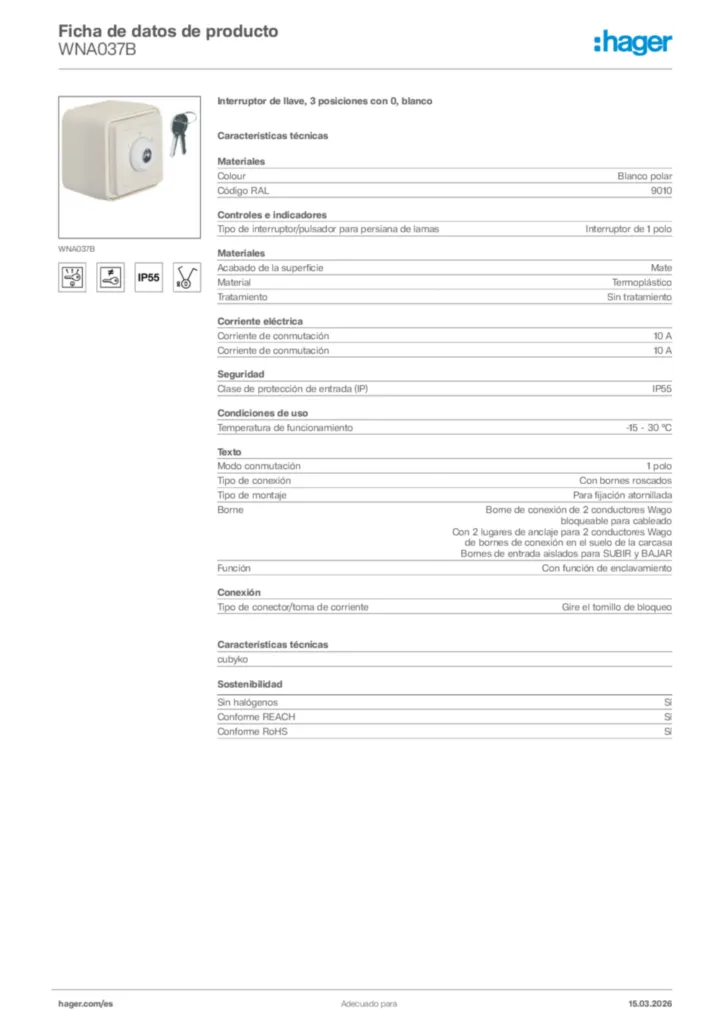 Imagen Hager Ficha de datos de producto WNA037B | Hager España