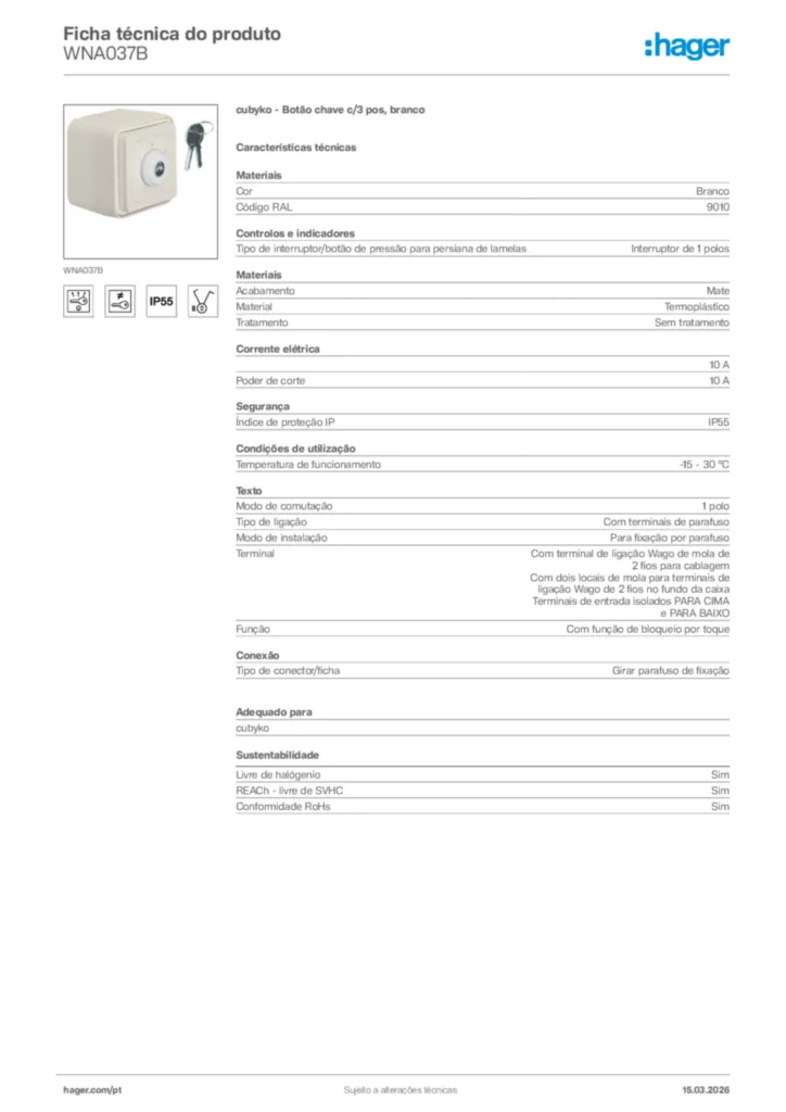 Imagem Hager Ficha técnica do produto WNA037B | Hager Portugal