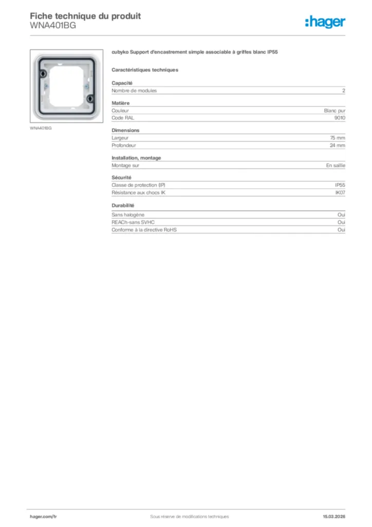 Image Hager Fiche technique du produit WNA401BG | Hager France