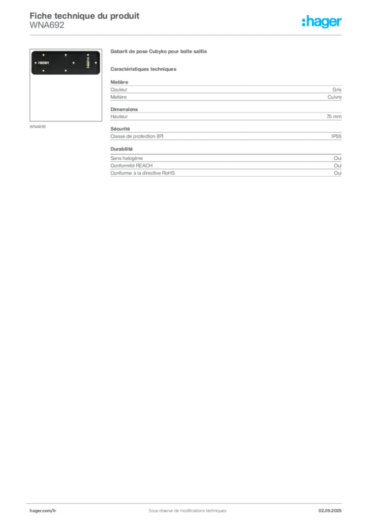 Image Hager Fiche technique du produit WNA692 | Hager France