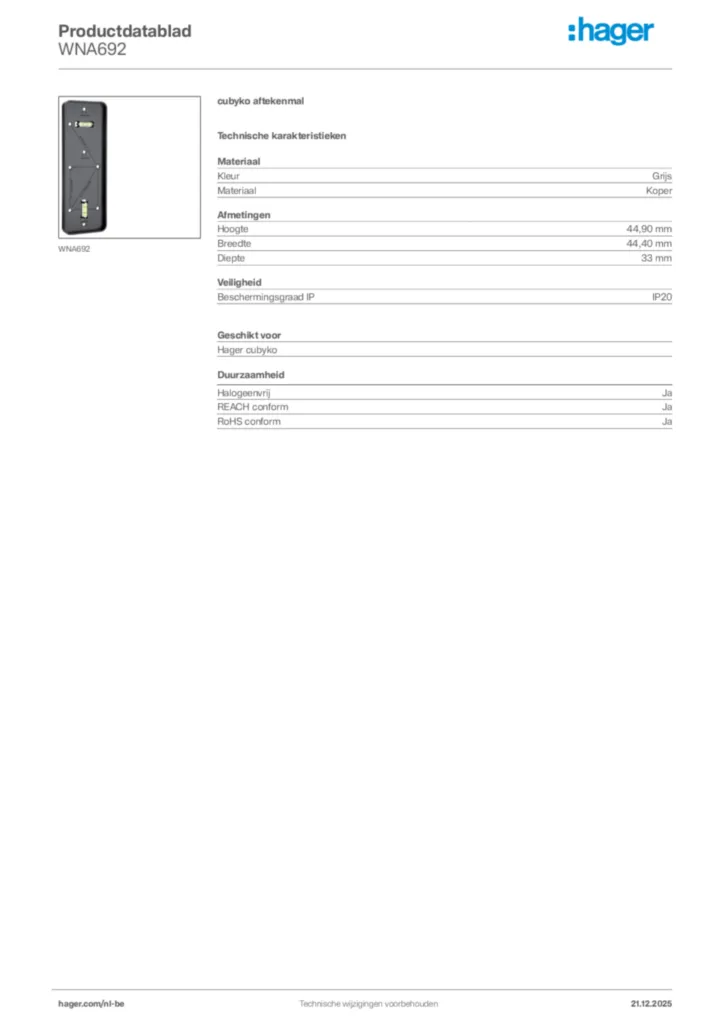Afbeelding Hager Productdatablad WNA692 | Hager Belgium