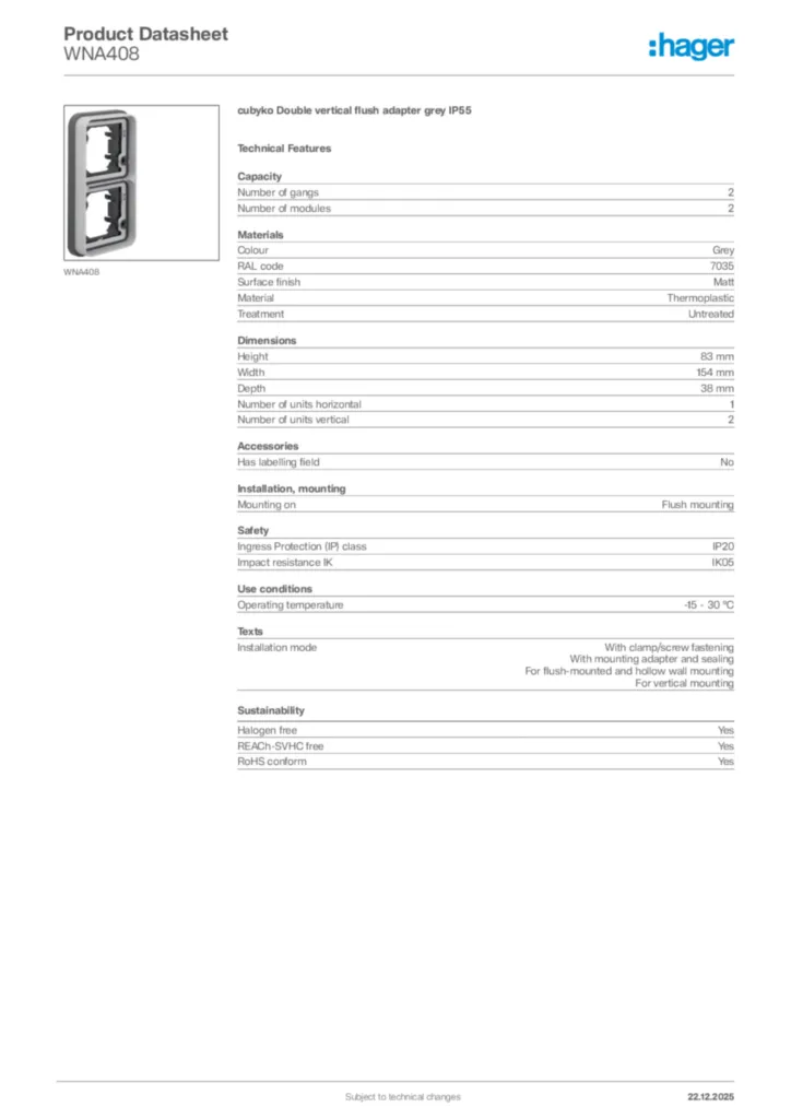 Image Hager Product data sheet WNA408  | Hager Africa