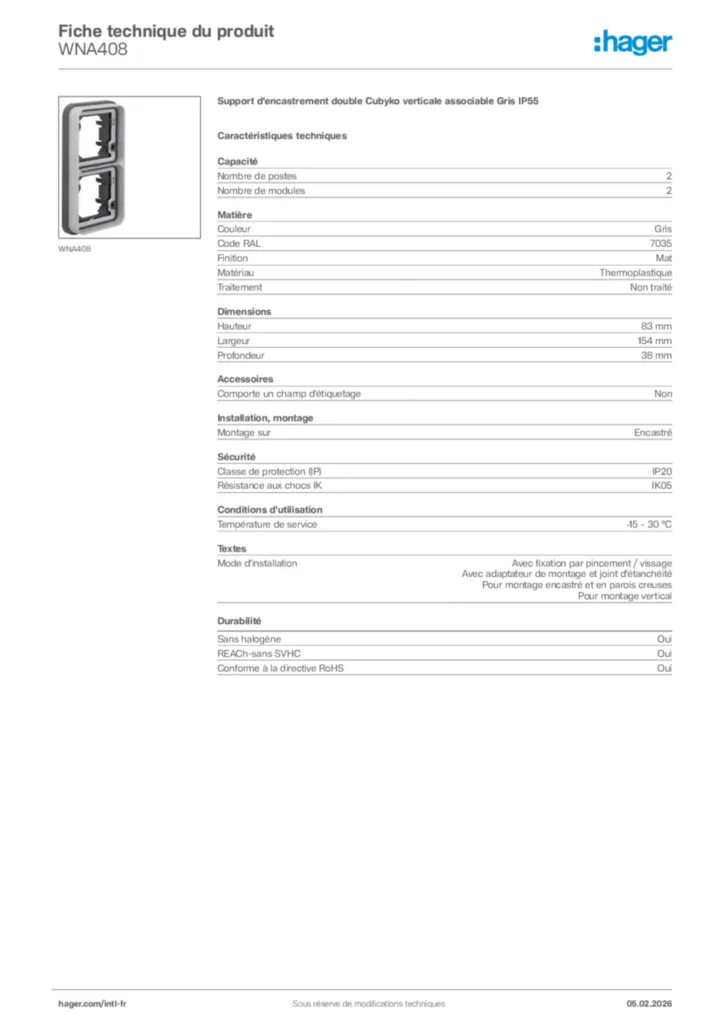 Image Hager Fiche technique du produit WNA408 | Hager Afrique