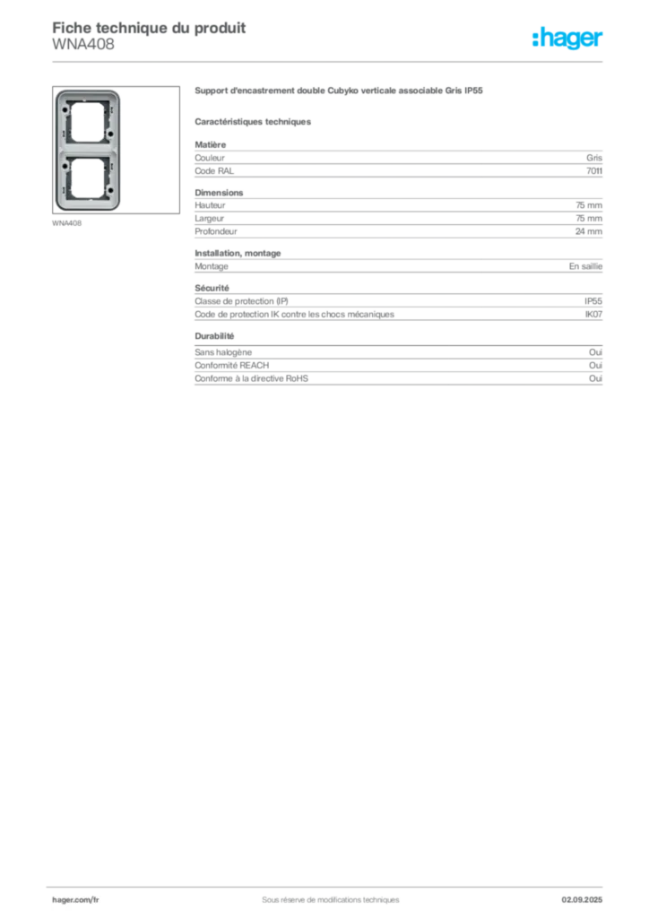 Image Hager Fiche technique du produit WNA408 | Hager France