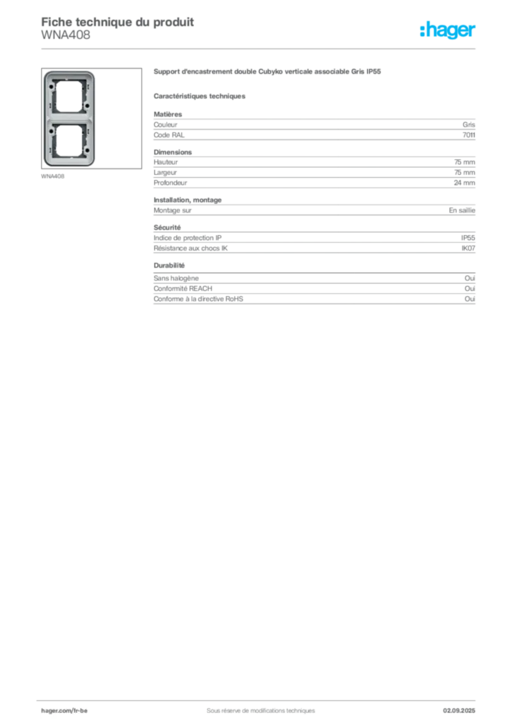 Image Hager Fiche technique du produit WNA408 | Hager Belgique