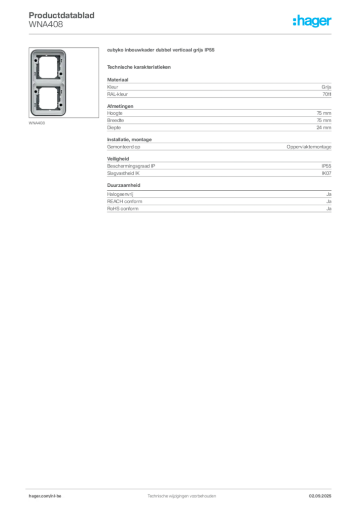 Afbeelding Hager Productdatablad WNA408 | Hager Belgium