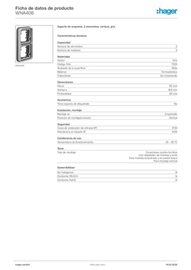 Imagen Hager Ficha de datos de producto WNA408 | Hager España