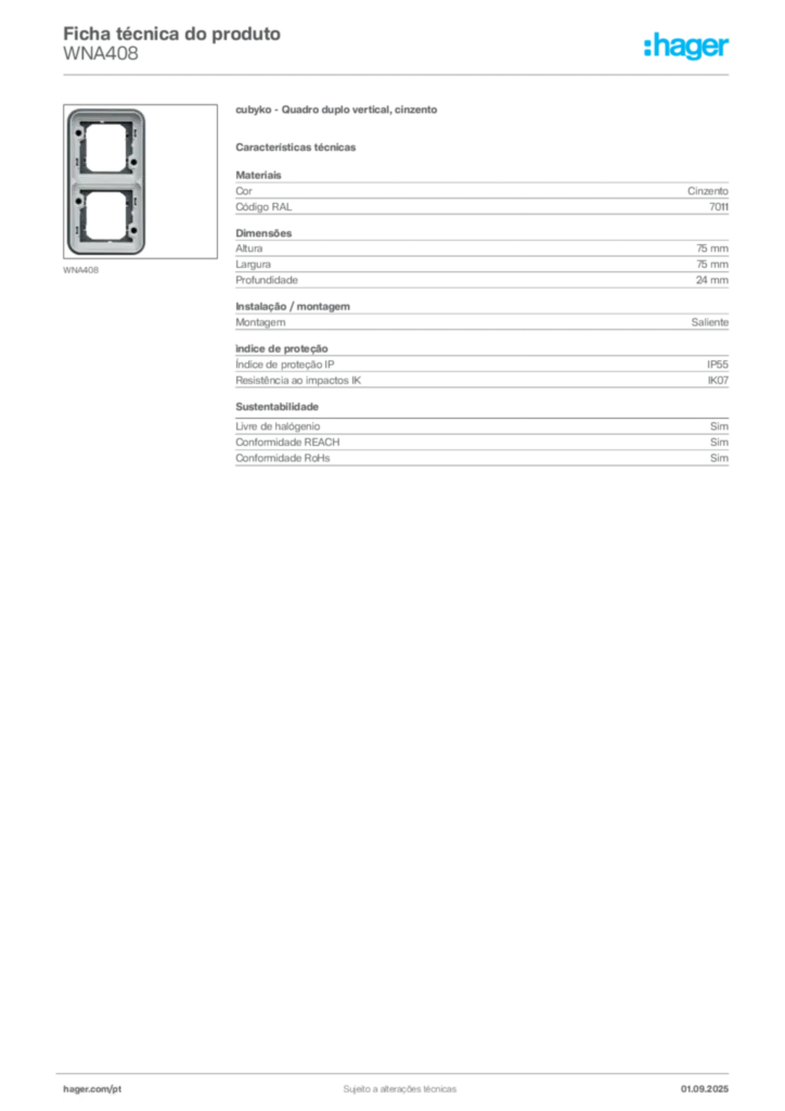 Imagem Hager Ficha técnica do produto WNA408 | Hager Portugal