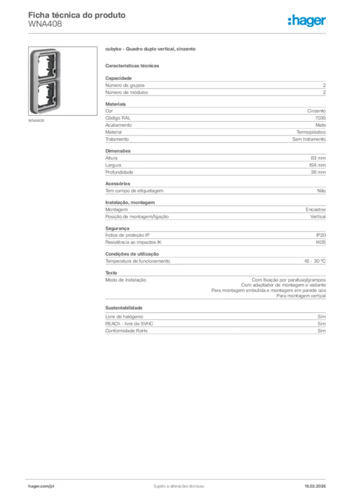Imagem Hager Ficha técnica do produto WNA408 | Hager Portugal