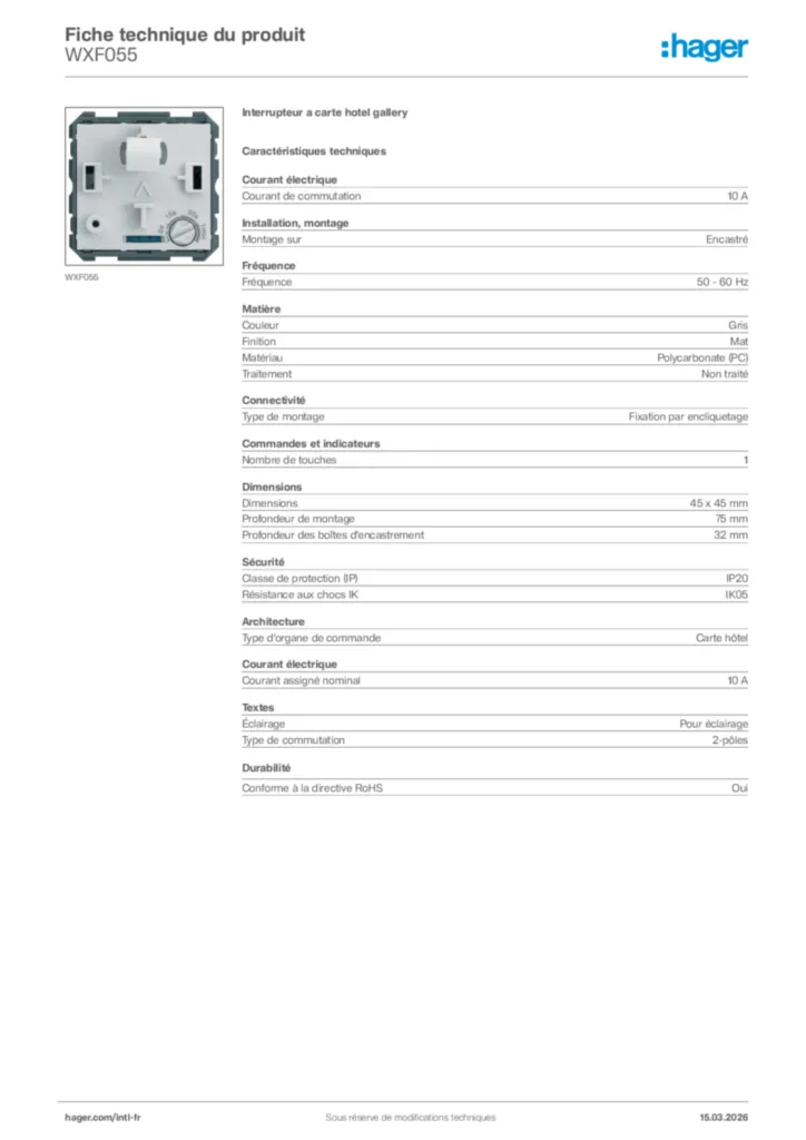 Image Hager Fiche technique du produit WXF055 | Hager Afrique