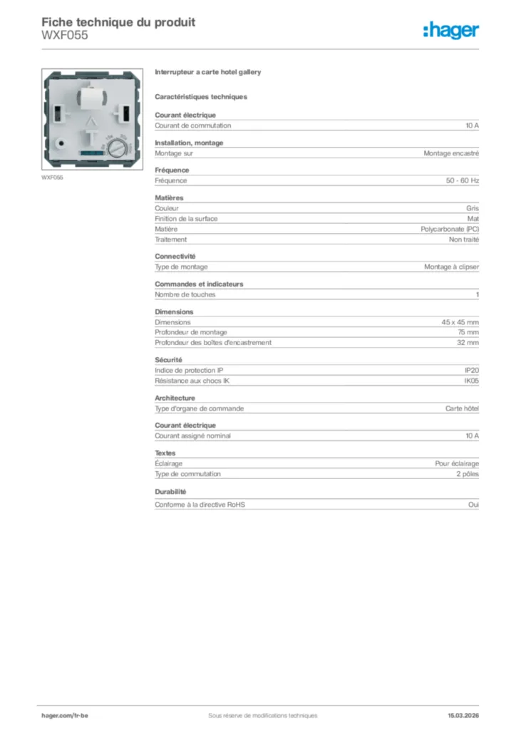 Image Hager Fiche technique du produit WXF055 | Hager Belgique
