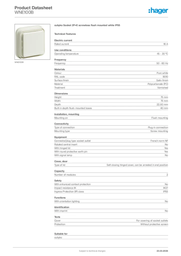 Image Hager Product data sheet WNE100B  | Hager Africa