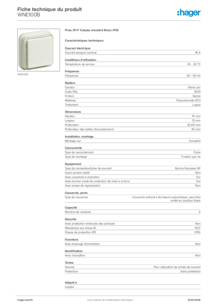 Image Hager Fiche technique du produit WNE100B | Hager France