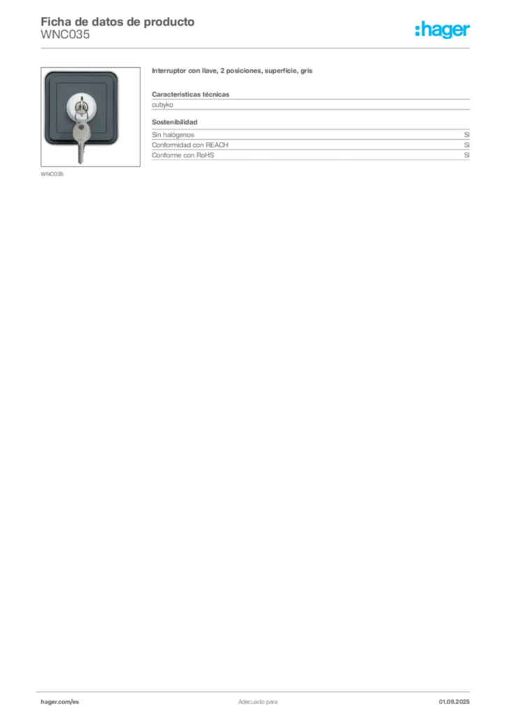 Imagen Hager Ficha de datos de producto WNC035 | Hager España