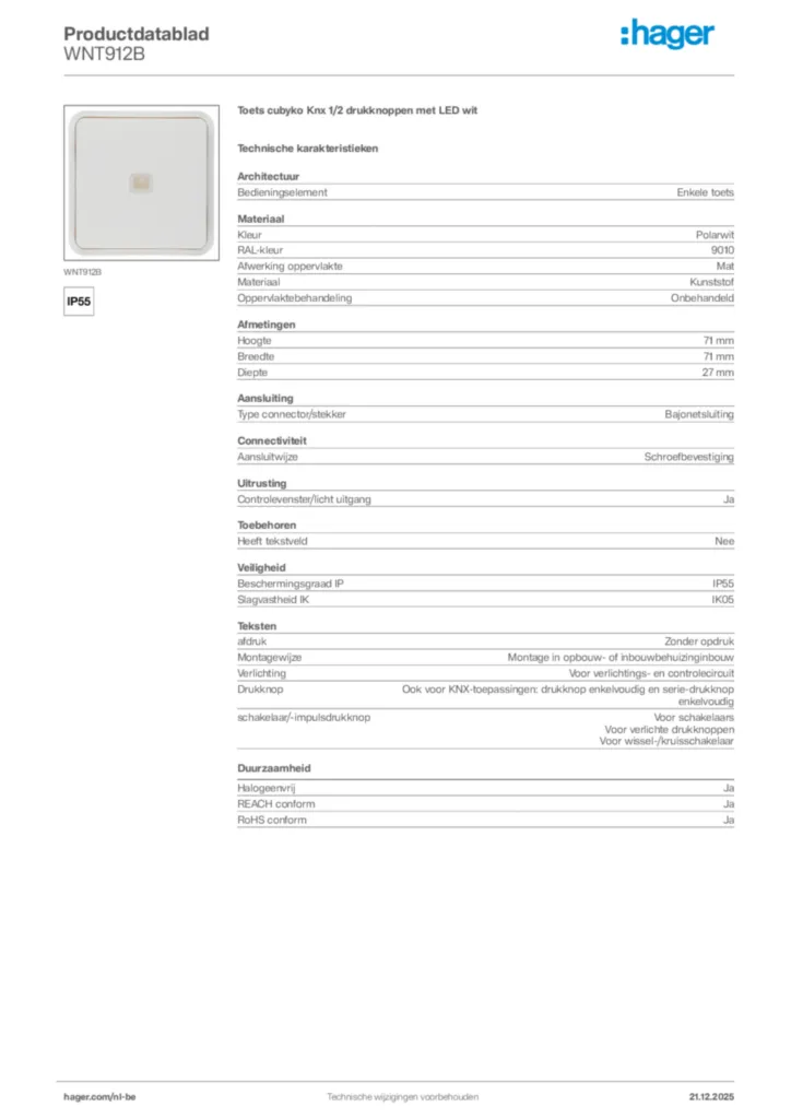 Afbeelding Hager Productdatablad WNT912B | Hager Belgium