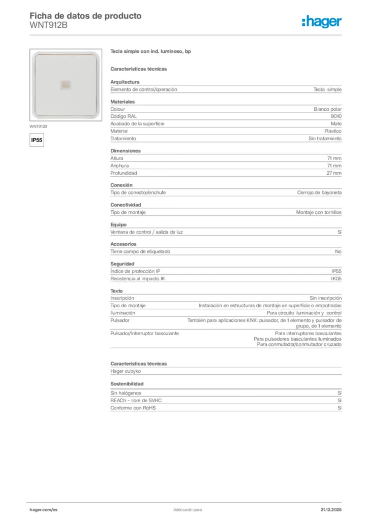 Imagen Hager Ficha de datos de producto WNT912B | Hager España